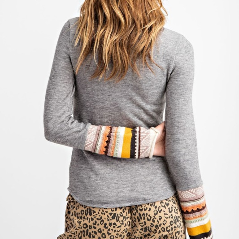 Multi Hacci Knitted Cuff Sleeve Sweater - Grey - Picture 5 of 9